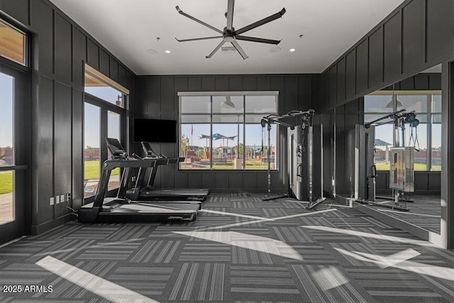 22553 S 204th Ct, Queen Creek, AZ 85142 - workout area featuring carpet floors, plenty of natural light, a decorative wall, ceiling fan, and recessed lighting