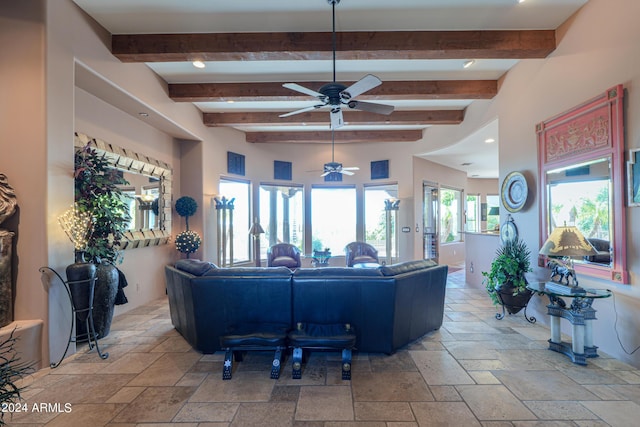 living room featuring beam ceiling