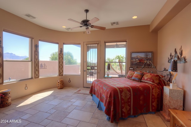 bedroom featuring access to exterior and ceiling fan