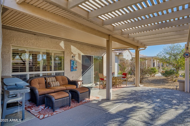 view of patio featuring outdoor lounge area and a pergola