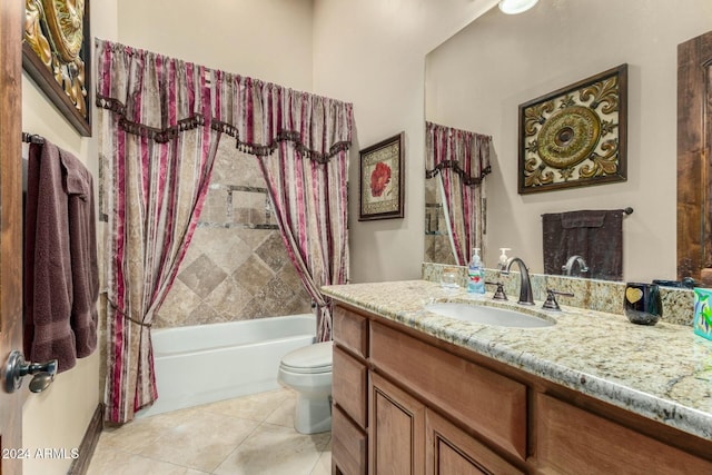 full bathroom with tile patterned flooring, vanity, toilet, and shower / bathtub combination with curtain