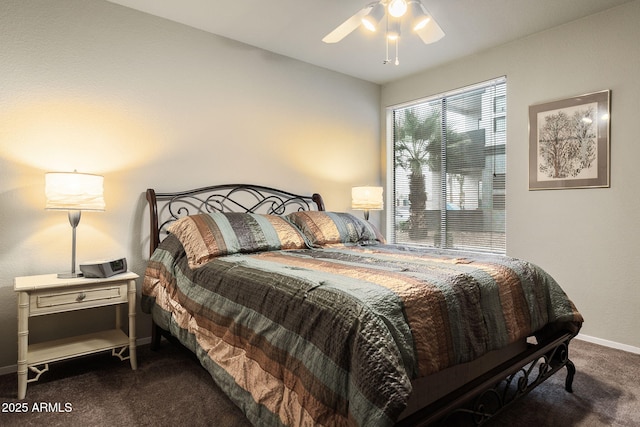 carpeted bedroom with ceiling fan