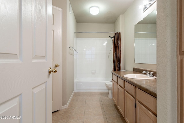 full bathroom featuring toilet, shower / bath combination with curtain, vanity, and tile patterned floors