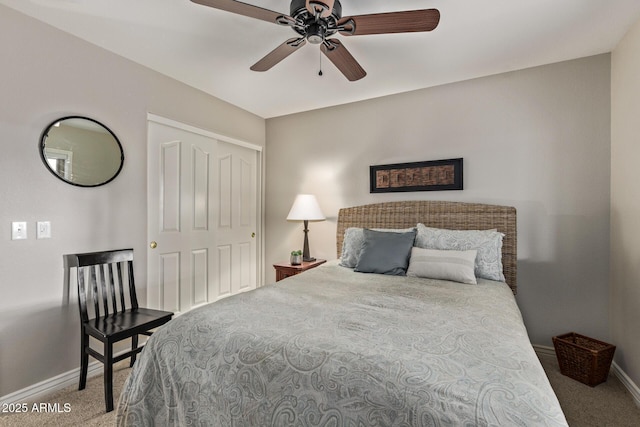 bedroom featuring carpet, baseboards, and ceiling fan