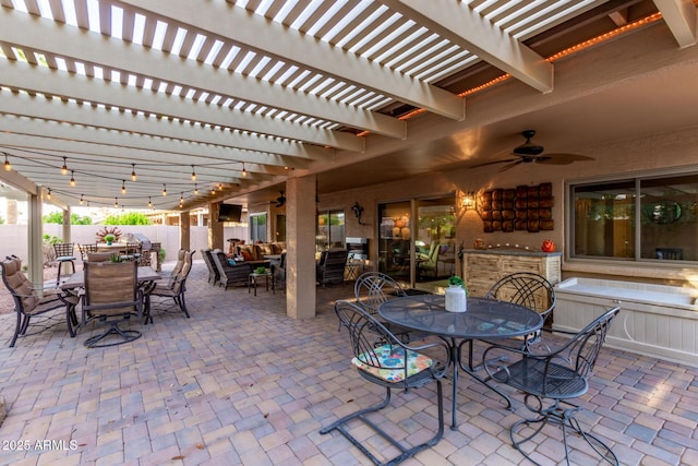 view of patio / terrace featuring outdoor dining space, a pergola, fence, and ceiling fan