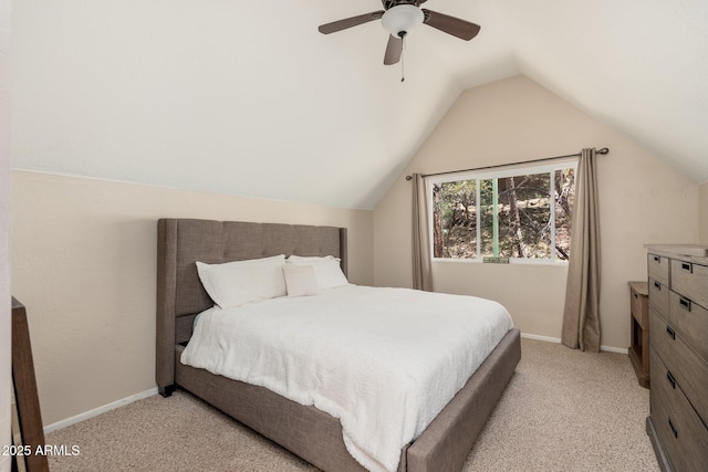 3971 N Apache Trl, Pine, AZ 85544 - bedroom featuring light carpet, lofted ceiling, ceiling fan, and baseboards