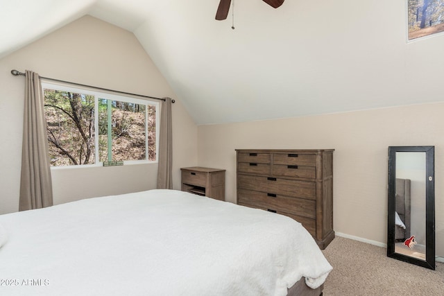 3971 N Apache Trl, Pine, AZ 85544 - bedroom with light carpet, vaulted ceiling, ceiling fan, and baseboards