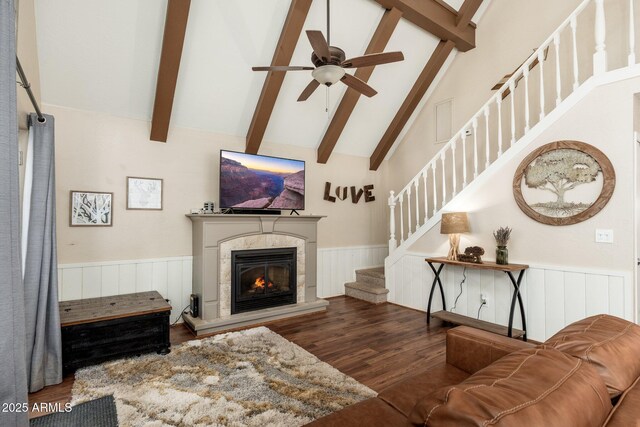 3971 N Apache Trl, Pine, AZ 85544 - living area with wood finished floors, beamed ceiling, a ceiling fan, stairway, and wainscoting