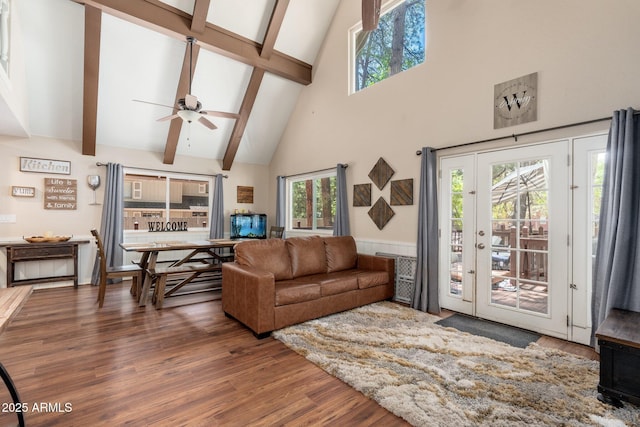 3971 N Apache Trl, Pine, AZ 85544 - living area with wood finished floors, high vaulted ceiling, a ceiling fan, and beam ceiling