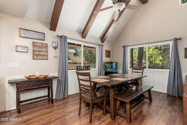 3971 N Apache Trl, Pine, AZ 85544 - dining area featuring dark wood finished floors, beamed ceiling, a ceiling fan, healthy amount of natural light, and high vaulted ceiling