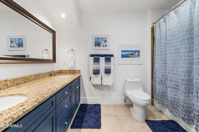 bathroom with curtained shower, toilet, tile patterned floors, and vanity