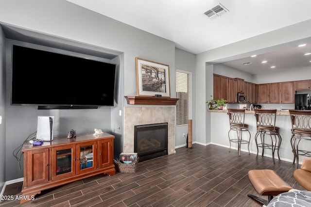 living room with a fireplace