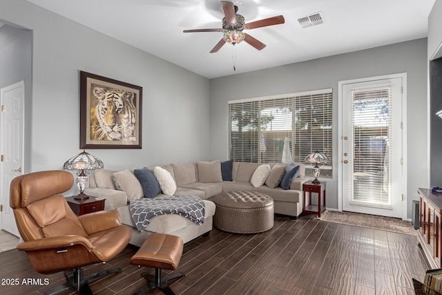 living room featuring ceiling fan