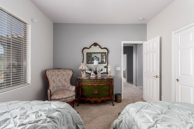 bedroom with light colored carpet