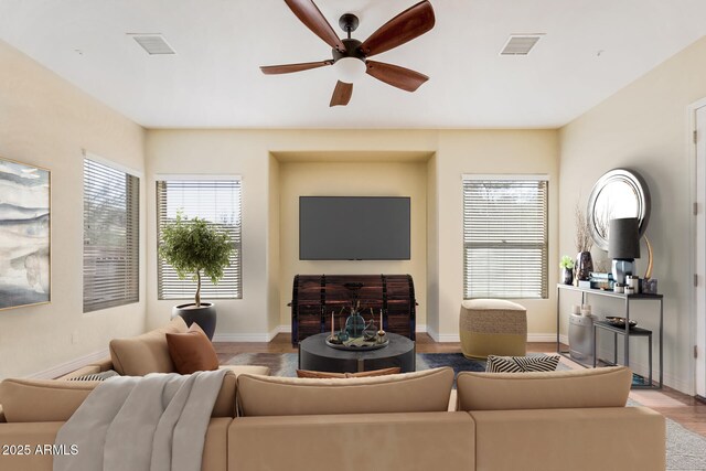 26796 N 86th Ln, Peoria, AZ 85383 - living room featuring baseboards, visible vents, wood finished floors, and ceiling fan
