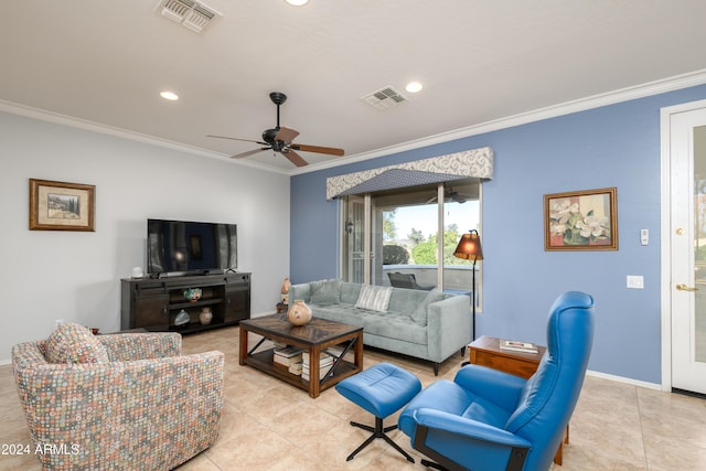 living room with ceiling fan, light tile patterned floors, and crown molding