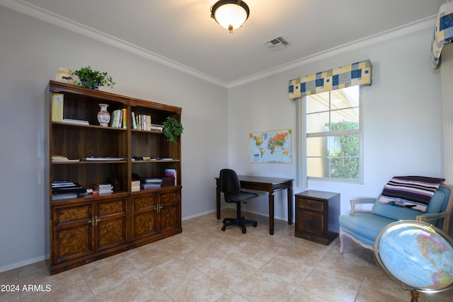 tiled office space with ornamental molding