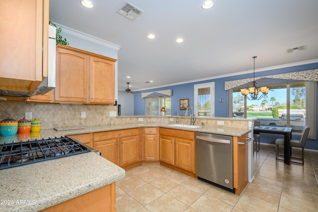 kitchen with stainless steel dishwasher, light stone countertops, ornamental molding, ceiling fan with notable chandelier, and sink