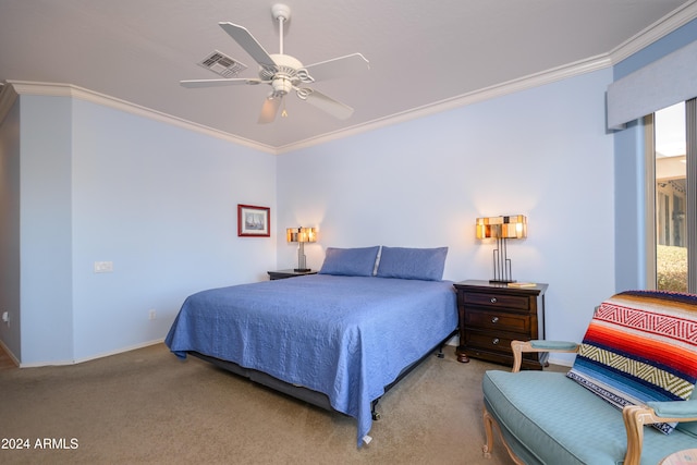 bedroom with ceiling fan, light colored carpet, and ornamental molding