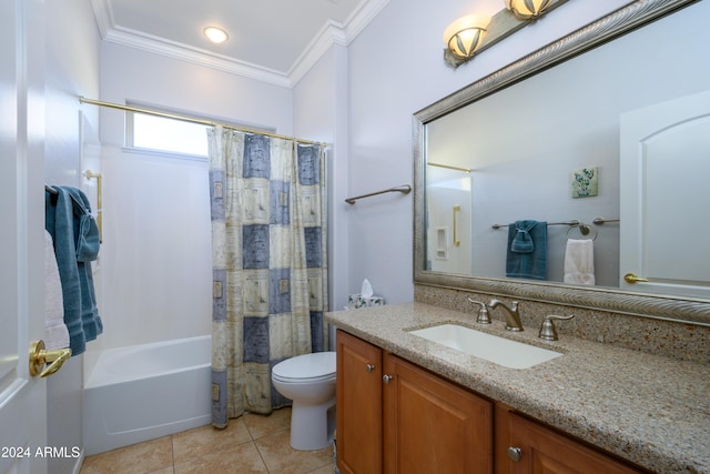 full bathroom with toilet, vanity, tile patterned flooring, crown molding, and shower / tub combo with curtain