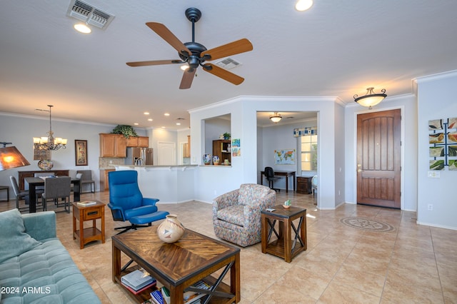 tiled living room featuring ornamental molding and ceiling fan with notable chandelier