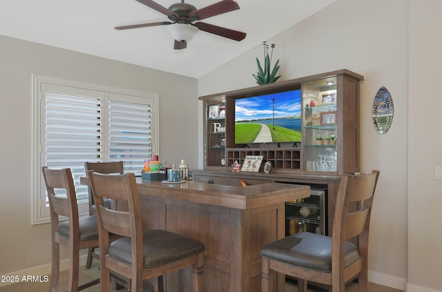 bar featuring vaulted ceiling and ceiling fan