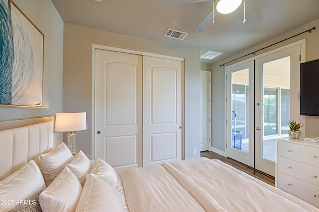 710 W Ardmore Rd, Phoenix, AZ 85041 - bedroom featuring french doors, access to exterior, a closet, wood finished floors, and a ceiling fan