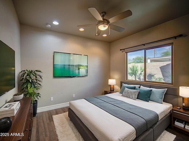 710 W Ardmore Rd, Phoenix, AZ 85041 - bedroom featuring dark wood-type flooring, baseboards, recessed lighting, and ceiling fan
