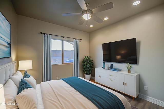 710 W Ardmore Rd, Phoenix, AZ 85041 - bedroom featuring baseboards, dark wood finished floors, recessed lighting, and a ceiling fan