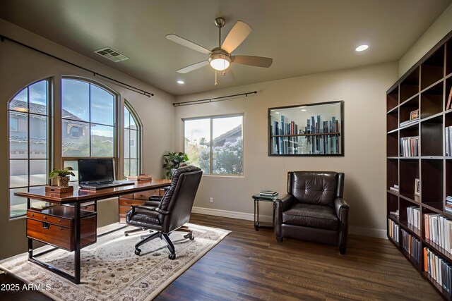 710 W Ardmore Rd, Phoenix, AZ 85041 - home office featuring baseboards, wood finished floors, ceiling fan, and recessed lighting