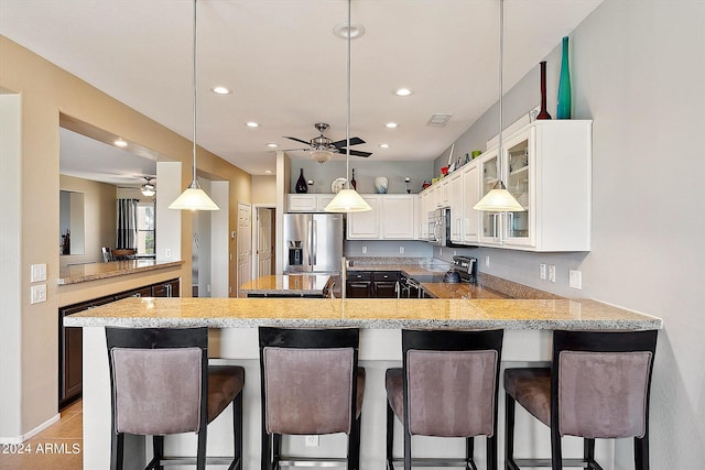 kitchen featuring kitchen peninsula, ceiling fan, and stainless steel appliances