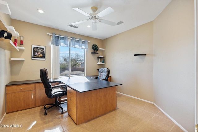 office area featuring ceiling fan and light tile floors