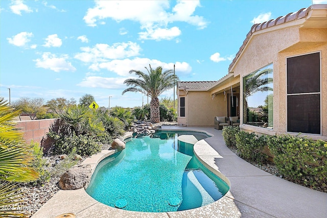 view of swimming pool with a patio