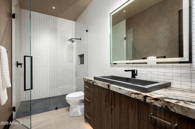 9643 E Cintarosa Pass, Scottsdale, AZ 85262 - bathroom featuring tile patterned floors, toilet, a shower stall, and vanity
