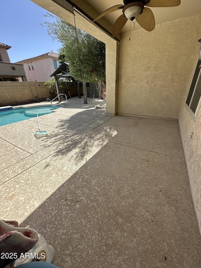 13259 W Flower St, Litchfield Park, AZ 85340 - view of patio / terrace featuring a fenced in pool, a gazebo, ceiling fan, and a fenced backyard