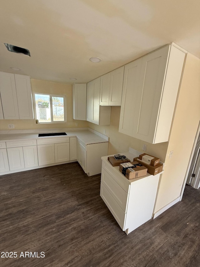 kitchen with white cabinetry and dark wood-type flooring