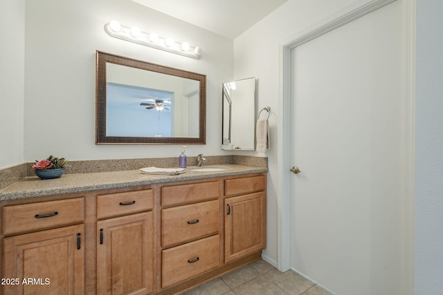 bathroom with vanity, ceiling fan, and tile patterned floors