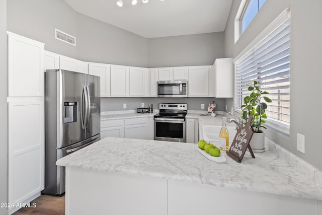 kitchen with sink, dark wood-type flooring, stainless steel appliances, light stone counters, and white cabinets