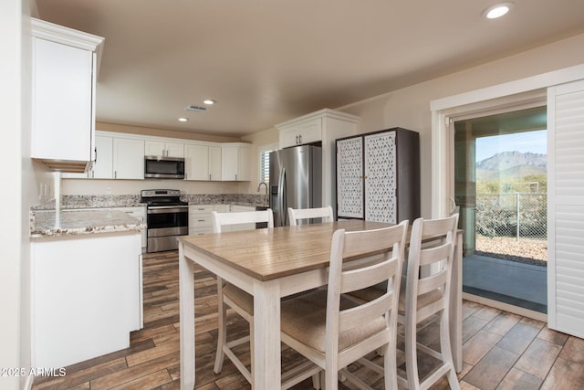 kitchen featuring a mountain view, light stone counters, stainless steel appliances, and white cabinetry