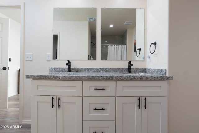 bathroom featuring vanity, a shower with curtain, and wood-type flooring