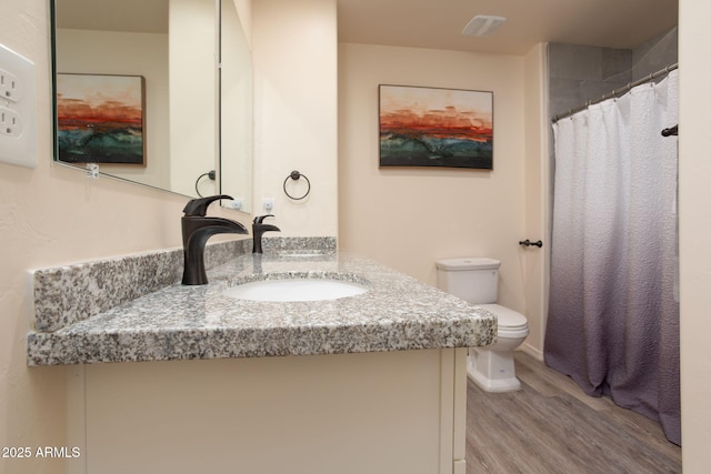 bathroom featuring toilet, hardwood / wood-style floors, and vanity