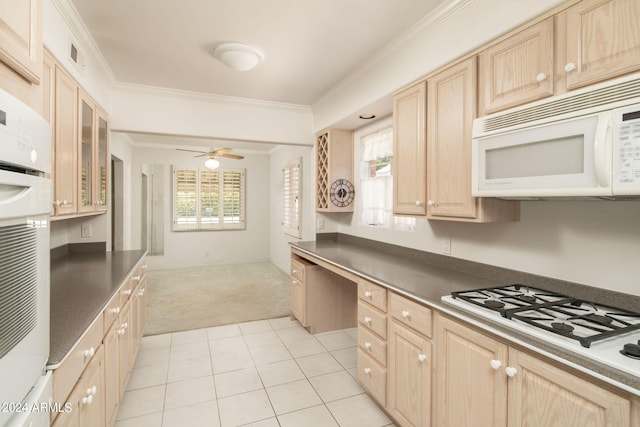 kitchen featuring crown molding, white appliances, light brown cabinetry, and ceiling fan