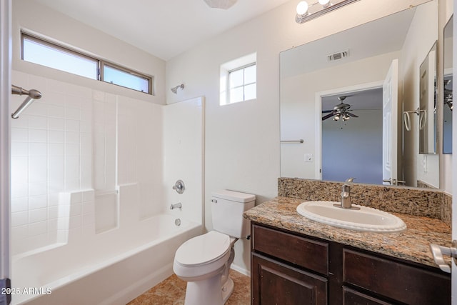 full bathroom featuring bathtub / shower combination, vanity, toilet, and ceiling fan