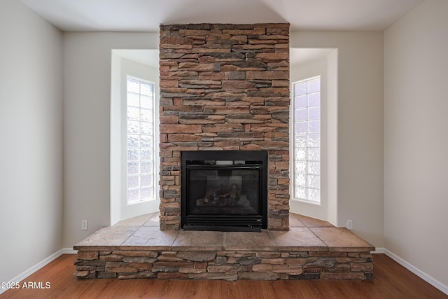 room details with a fireplace and hardwood / wood-style floors