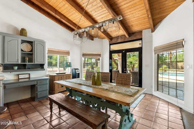 5540 E Mercer Ln, Scottsdale, AZ 85254 - dining space featuring a wood ceiling with exposed beams, high vaulted ceiling, light tile patterned flooring, french doors, and a desk