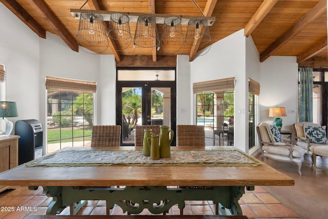 5540 E Mercer Ln, Scottsdale, AZ 85254 - dining room featuring a wood ceiling with exposed beams, french doors, plenty of natural light, concrete floors, and a towering ceiling
