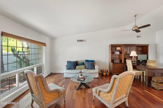 5540 E Mercer Ln, Scottsdale, AZ 85254 - living room with vaulted ceiling, wood finished floors, and ceiling fan