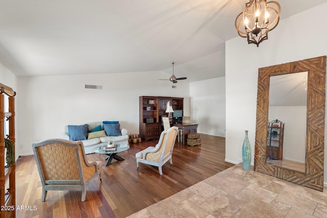 5540 E Mercer Ln, Scottsdale, AZ 85254 - living room with a chandelier, vaulted ceiling, a ceiling fan, and wood finished floors