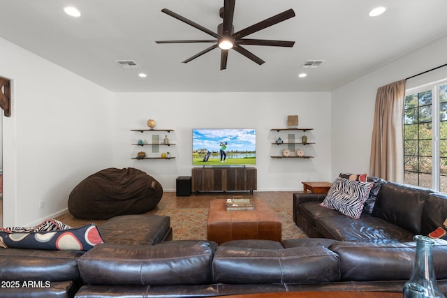 5540 E Mercer Ln, Scottsdale, AZ 85254 - living room featuring a ceiling fan, wood finished floors, and recessed lighting