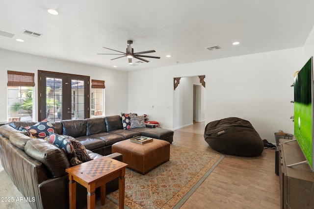 5540 E Mercer Ln, Scottsdale, AZ 85254 - living area with ceiling fan, french doors, light wood-type flooring, and recessed lighting